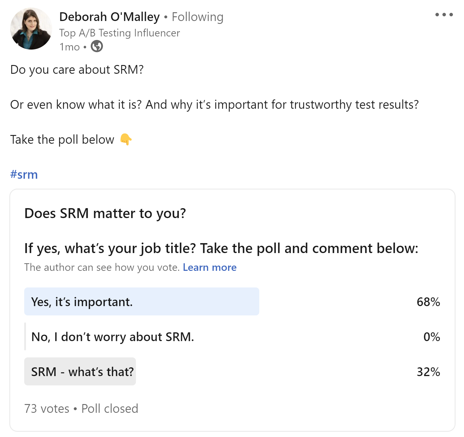 Sample Ratio Mismatch Poll on LinkedIn