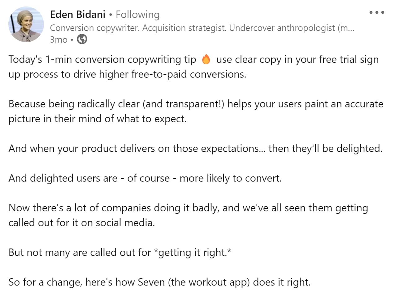 Eden Bidani copywriting LinkedIn post