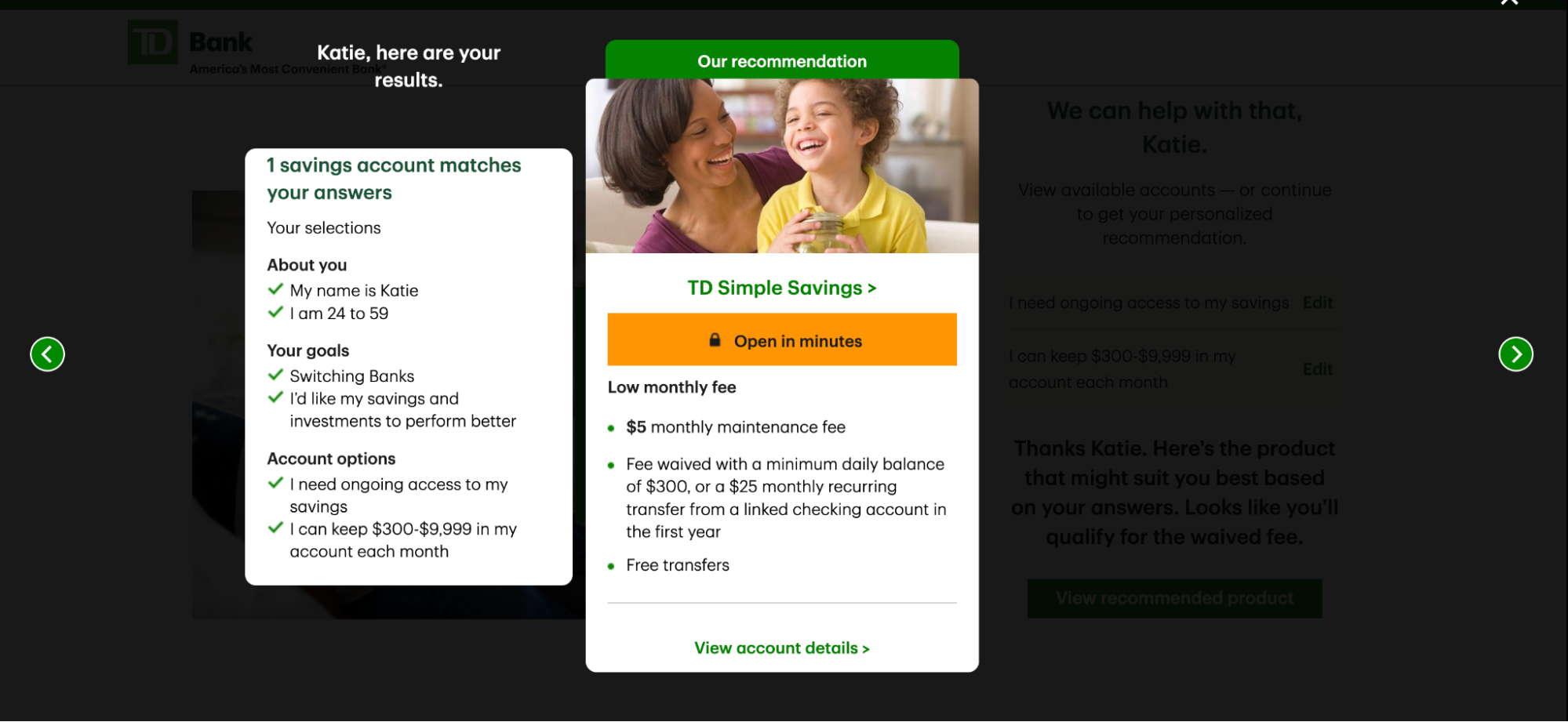 TD bank personalized recommendations for online banking test ideas.