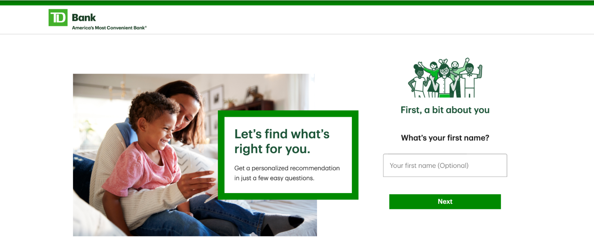 TD Bank welcome screen for online banking test ideas.