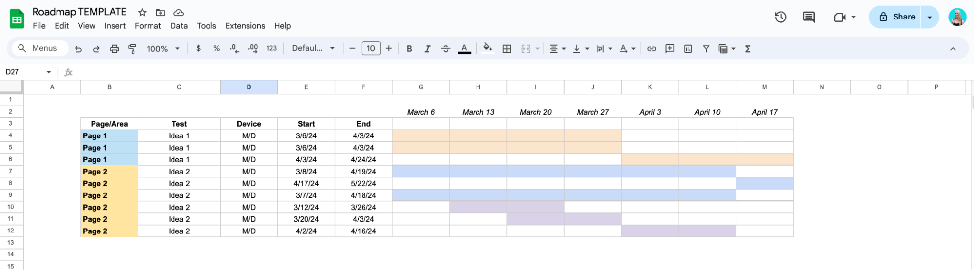 Table View of an A/B testing roadmap with the “Old” Gantt Chart view in Google Sheets