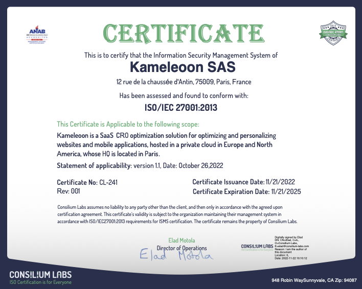 Kameleoon ISO 27001 Certificate