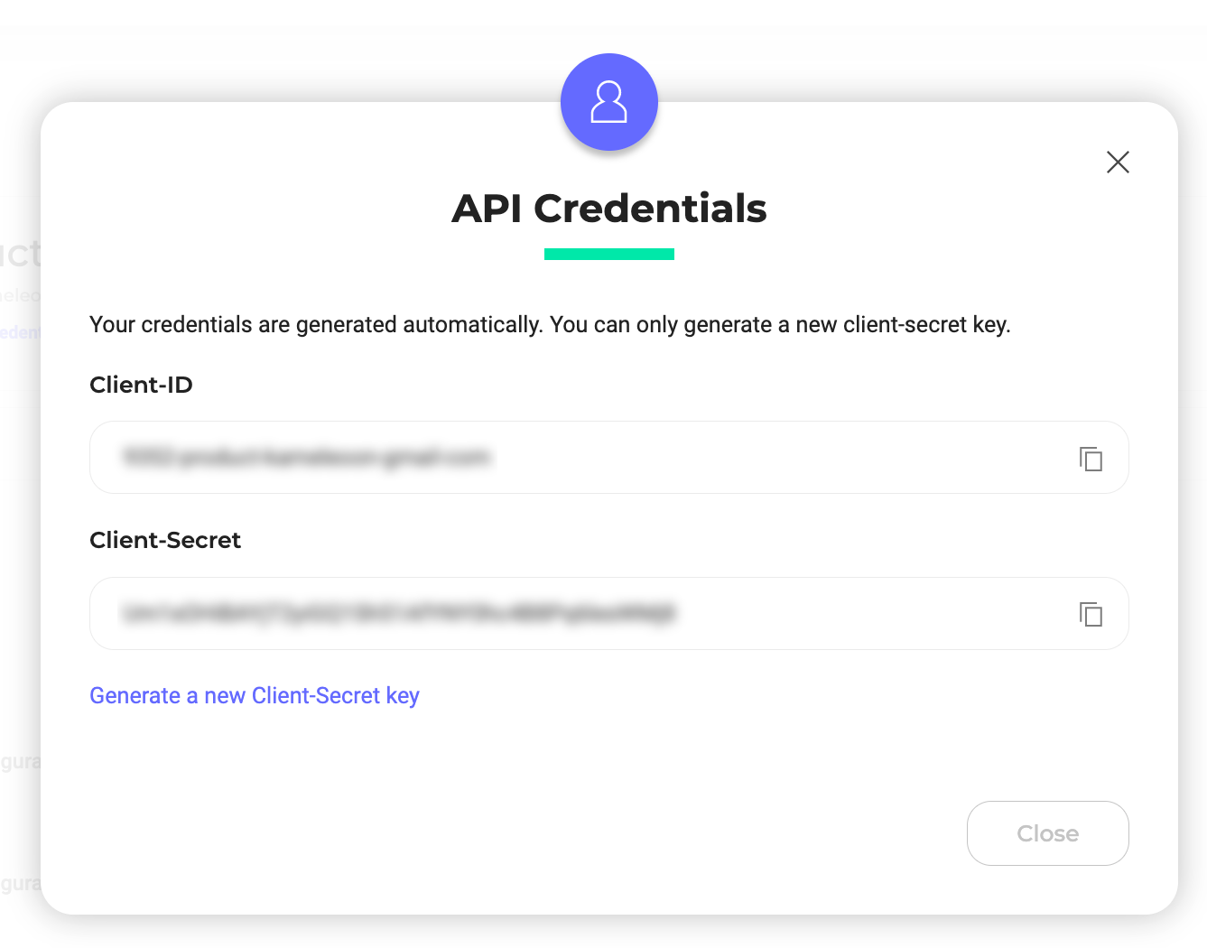 screenshot of api credentials on Kameleoon
