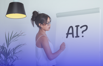 woman writing "AI?" on whiteboard